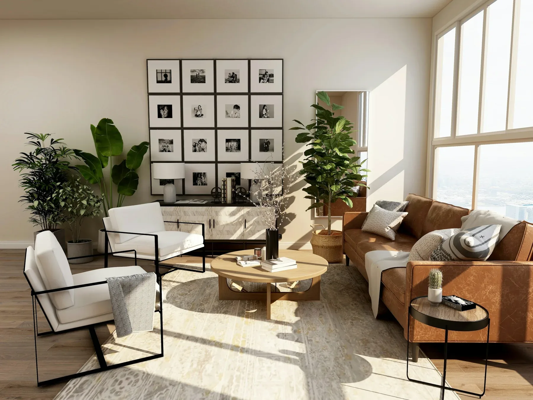Sunlit living room with caramel leather sofa, natural wood and sculptural lounge chairs