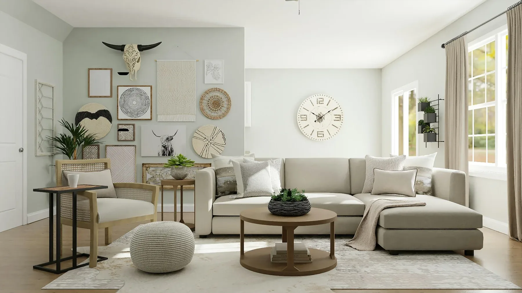 Neutral living room with an L-shaped sofa, timber coffee table and woven accents